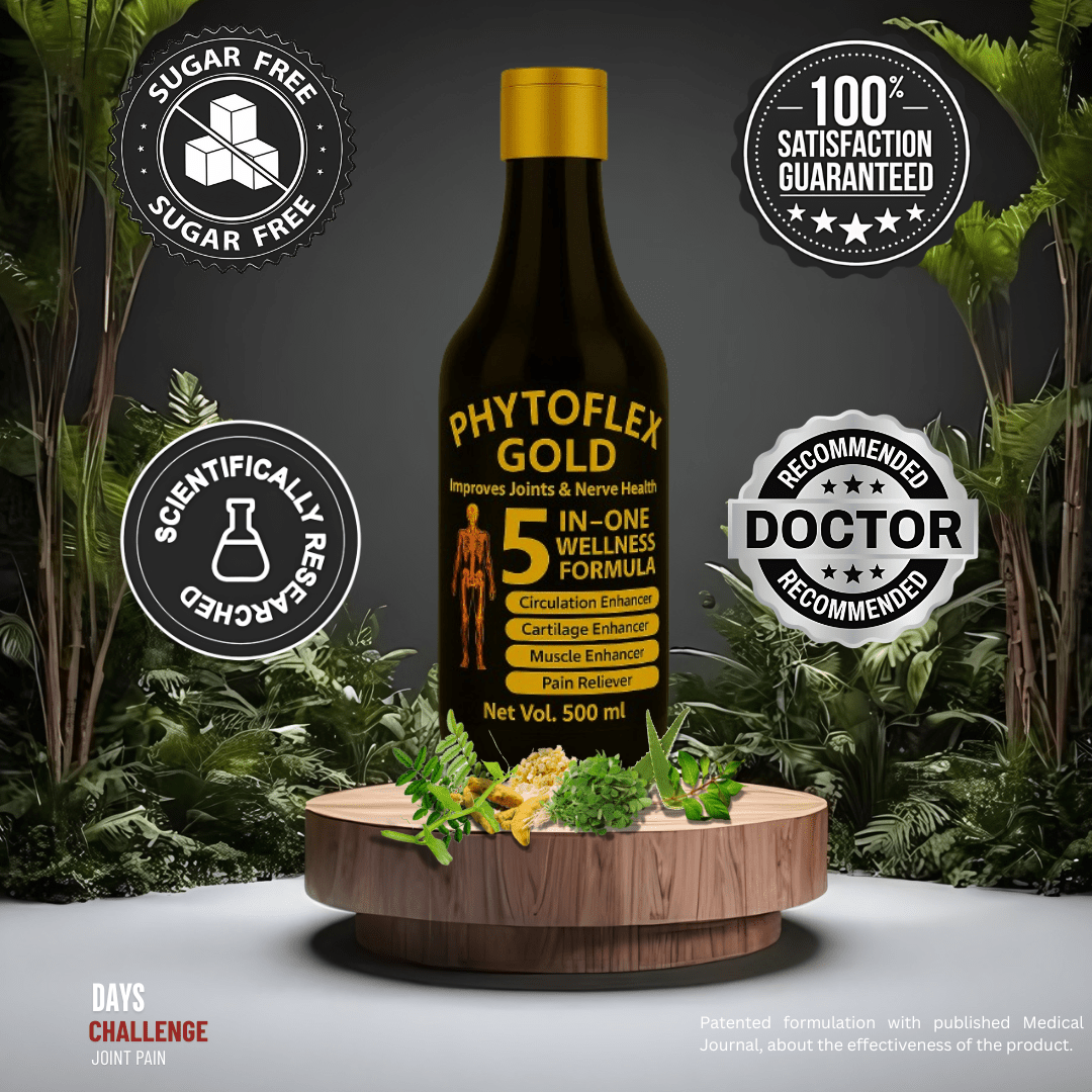 PhytoFlex Gold® 500ml bottle for joint and nerve health with 5-in-1 wellness formula displayed on natural wood podium surrounded by greenery, featuring sugar-free and doctor-recommended benefits.